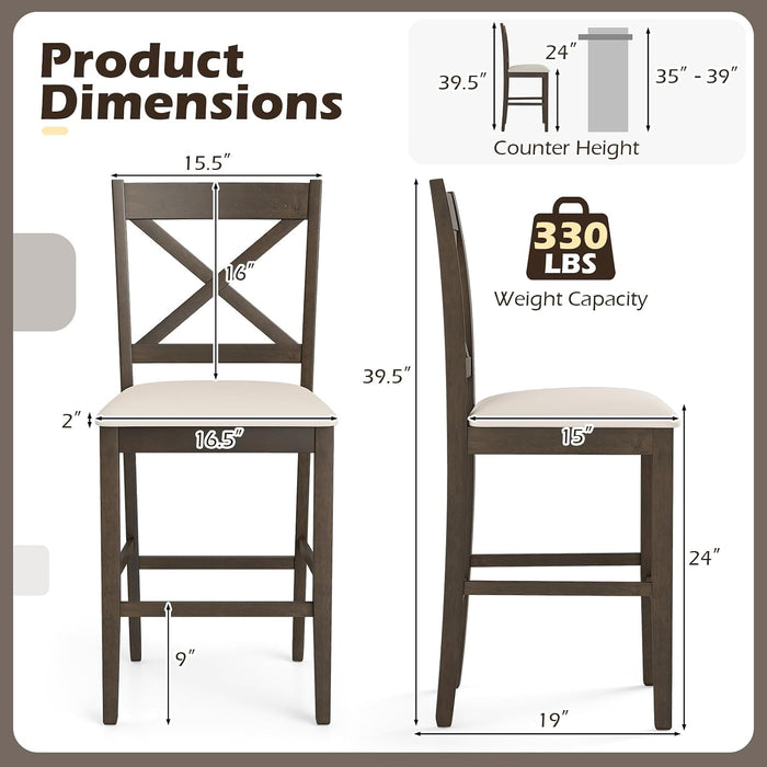 24" Farmhouse Bar Stools Set of 2, Cross Back Counter Height Chairs with Padded Linen Upholstered Seat & Footrest, Wooden Barstools for Kitchen Island, Dining Room, Cafe, Dark Brown & Cream