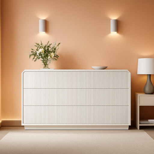White Dresser Fluted 9 Drawers Dresser for Bedroom, 59" Wide Wood Chest of Drawers with Hidden Handles & Rounded Corners, Modern TV Stand Storage Cabinet for Living Room, Hallway, Entryway