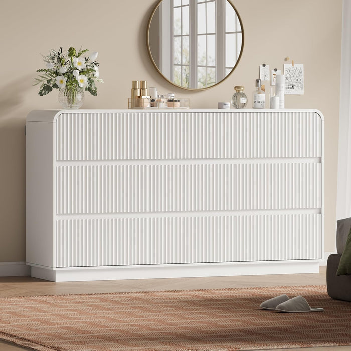 White Dresser Fluted 9 Drawers Dresser for Bedroom, 59" Wide Wood Chest of Drawers with Hidden Handles & Rounded Corners, Modern TV Stand Storage Cabinet for Living Room, Hallway, Entryway