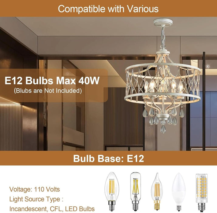 Modern Crystal Chandelier, 5-Light Farmhouse White Chandelier for Dining Room Vintage Hanging Pendant Light Fixtures round Chandelier for Kitchen Island Entryway Foyer Bedroom Office Bar
