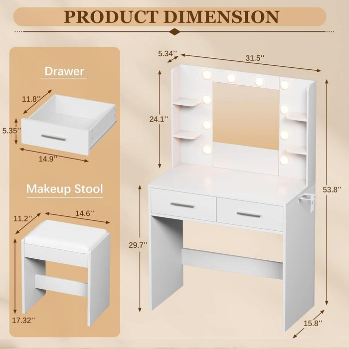 White Makeup Vanity Desk With Adjustable Illumination