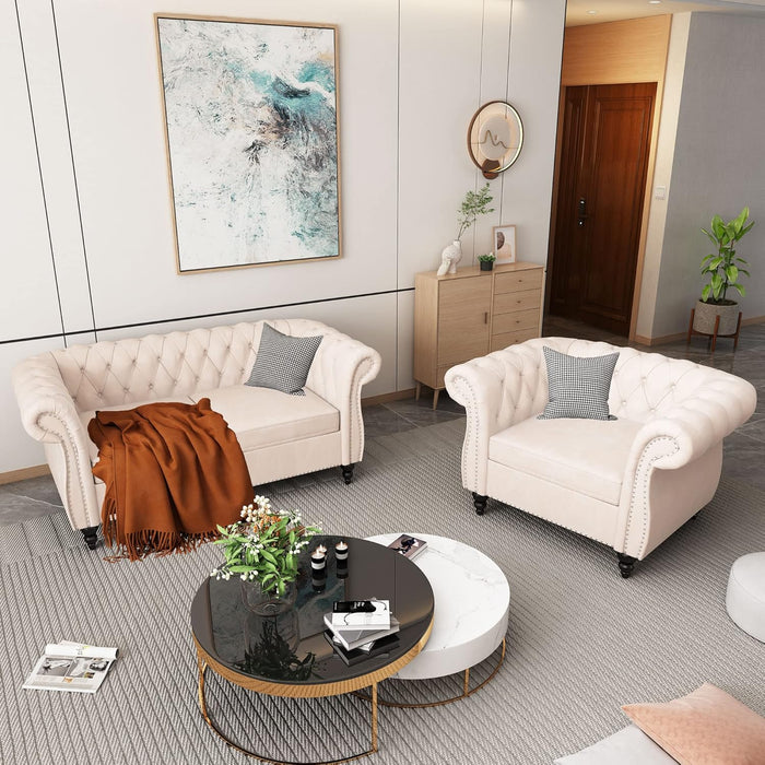 2 Piece Living Room Set, Chesterfield Velvet Sofa Loveseat Couch Chair with Scroll Arms and Nailhead for Living Room, Office (Beige, 1-2)