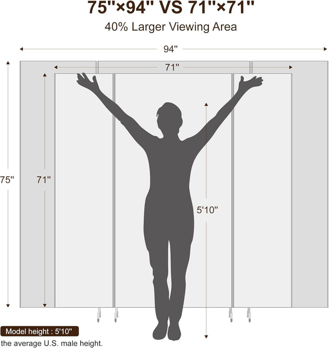 Full Length Stand up Mirror on Wheels,75''L×95''W,Large Tri-Fold Floor Mirror with Stand,Movable 3-Way Full Length Standing Mirror for Gym, Dance Studio, Fitness Room, and Home (Silver)