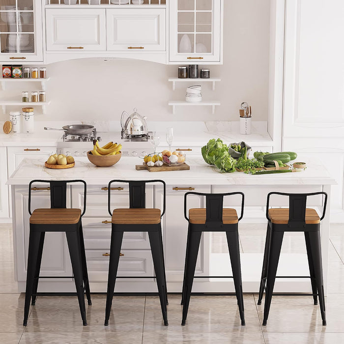 Bar Stools Set of 4 Metal Bar Stool Counter Height Bar Stools Black, Modern Bar Chairs with Back and Wooden Seat 30" Bar Stool Counter Height