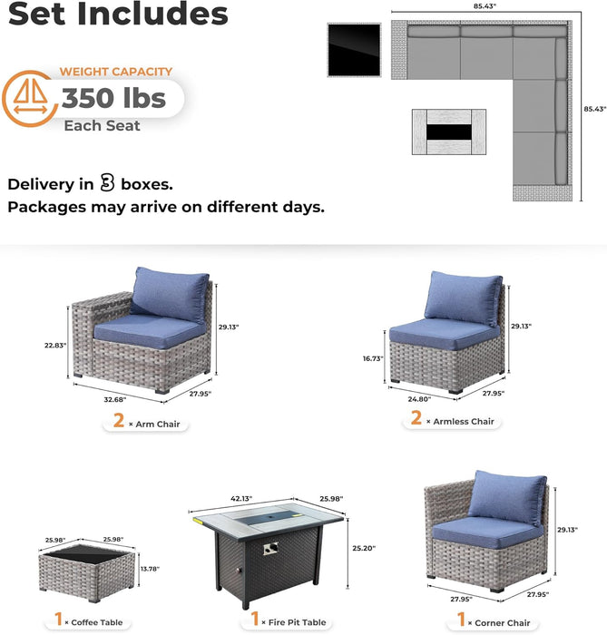 7 Pieces Patio Furniture Set, Outdoor Wicker Sectional Sofa with 42 Inch Fire Pit Table Comfy Cushions, Modern Modular Deep Seat Rattan Couch Conversation Set, Denim Blue