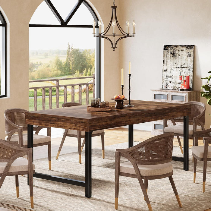 Farmhouse Dining Table for 4-6 People, 55 Inches Industrial Rectangular Kitchen Dinner Table with Heavy-Duty Metal Legs for Home, Dining Room, Small Space, Walnut