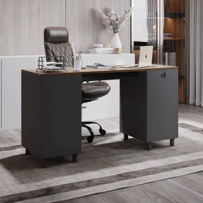Modern Design Venice Computer Desk with Lockable Drawers, 53 Inch Home Office Desk with Storage Cabinet, Keyboard Tray & Cable Management, Modern Study Writing Desk for Small Spaces, Walnut and Black