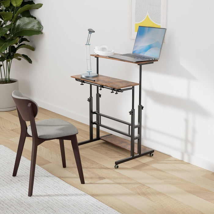 Mobile Standing Desk Adjustable Height, Rolling Desk Stand up Desk, Mobile Laptop Desk, Rolling Computer Desk with Charging Station, Portable Desk with Wheels, Rustic Brown