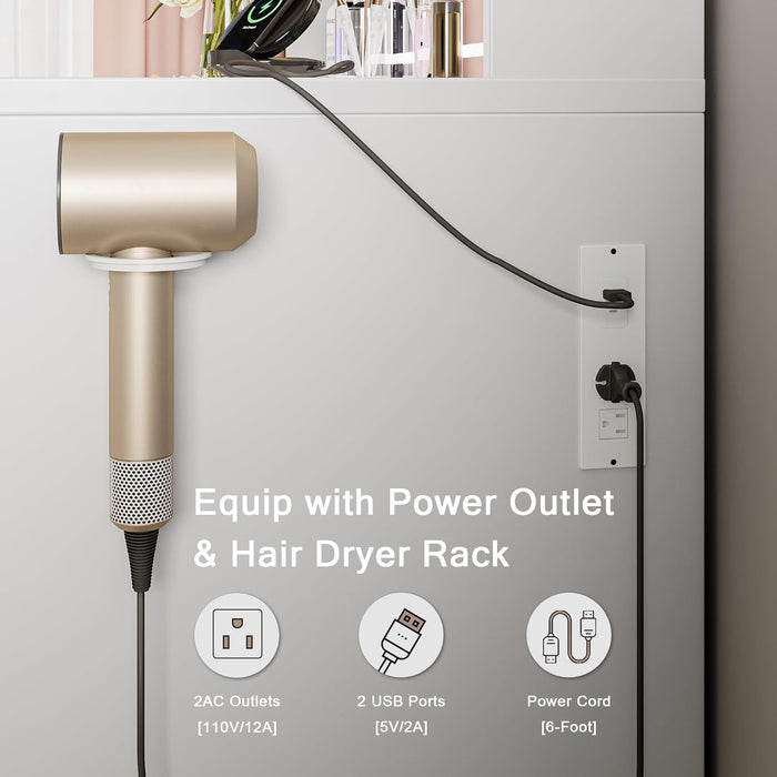 Makeup Vanity Desk with Mirror & LED Lights, Large Glass Top Vanity Table with 7 Drawers & 3 Cabinets, Modern Dressing Table with Charging Station & RGB Lights for Bedroom, White