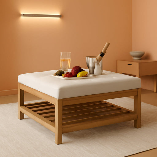 Large Square Ottoman Coffee Table, Linen Solid Upholstered Footrest Ottoman with Solid Wood Shelf Storage Tufted Coffee Table for Bedroom Living Room, Ivory