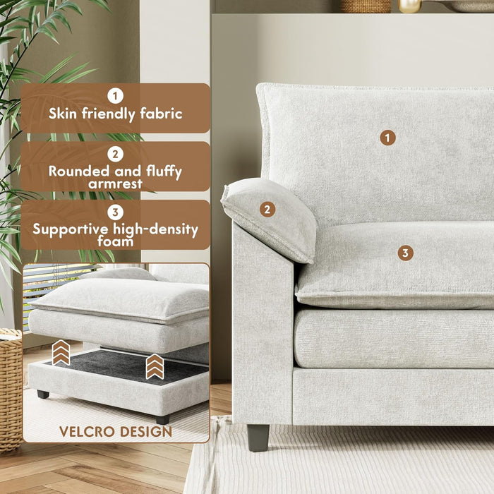 Sectional Modular Sofa U Shaped Chenille Fabric Couch with High Supportive & Soft Sponges and Removable Ottoman, Sleeper Comfy Upholstered Furniture for Living Room, White
