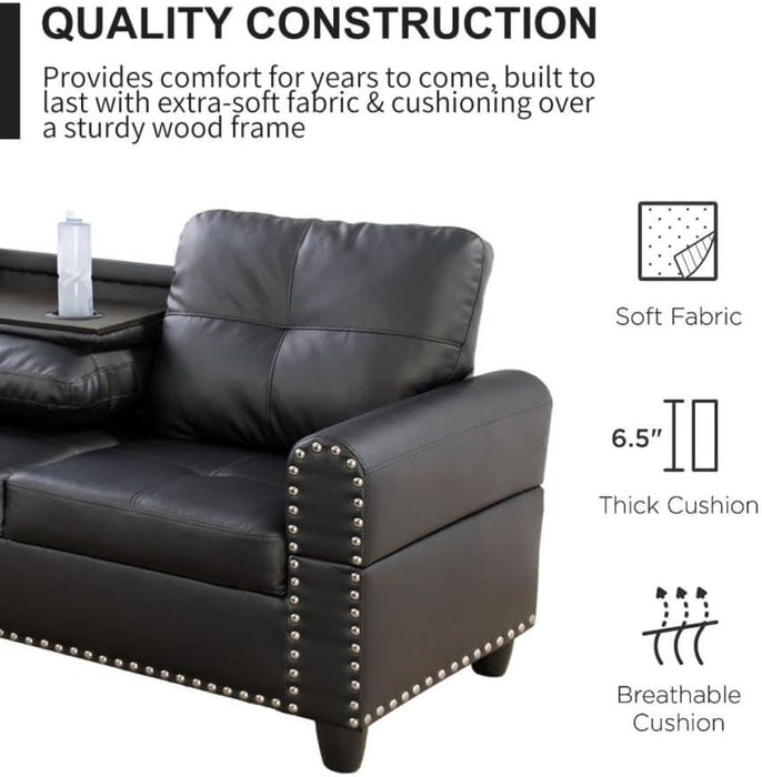 Sectional Couches for Living Room Furniture Sets,L-Shaped Couch W/Cup Holders,Faux Leather Nailhead Trim Sofas with Storage Ottoman and Chaise Lounge for Small Space Apartment-Gray