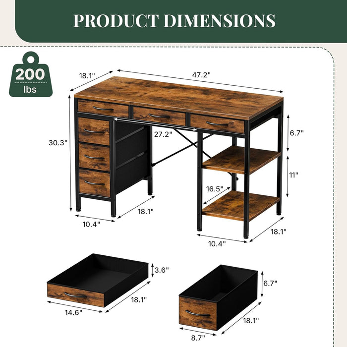 47" Computer Desk with 6 Drawers, Home Office Gaming Desks with Storage Shelves for Bedroom, Writing Study Corner Living Room Work Table Brown
