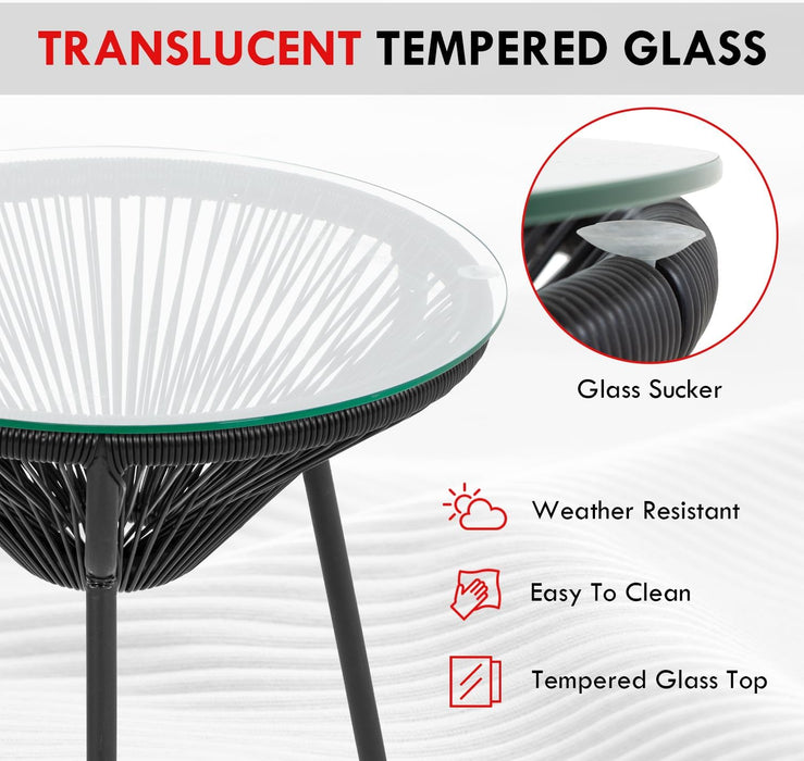 Acapulco Patio Bistro Set 3-Piece Outdoor Furniture Set All-Weather Woven Rope Patio Conversation Set with Glass Top Table and 2 Chairs (Black)