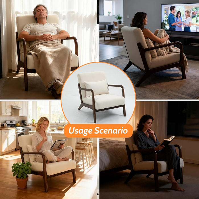 Modern Accent Chair, Cotton Linen Fabric Upholstered Lounge Armchair with Solid Wood Frame for Living Room, Bedroom, Reading Nook (White-Dark Brown Armrest)