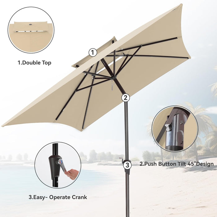6.6 X 10 Ft Rectangular Patio Umbrella, Outdoor Market Table Umbrella with Push Button Tilt and Crank, Double-Tier Vent, 6 Ribs, Rectangle Patio Umbrella for Backyard, Deck, Pool, Fits 4–6 Chairs and Tables (Beige)