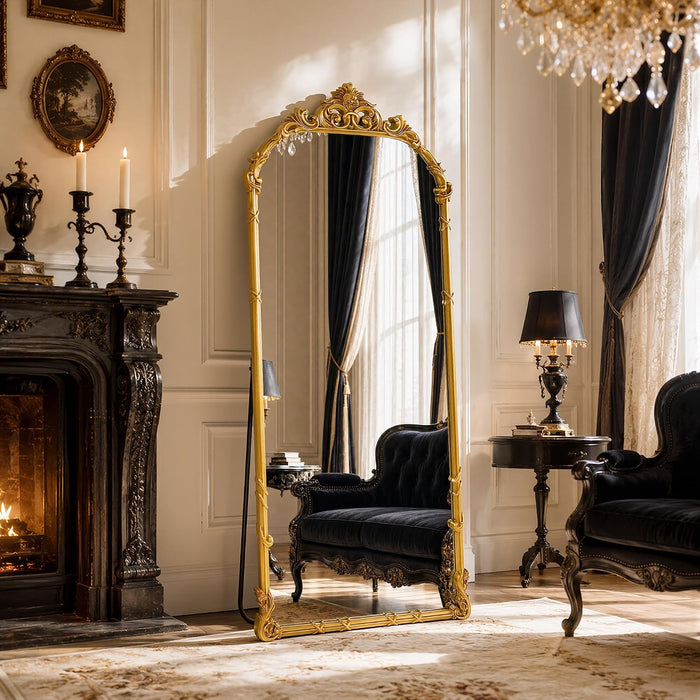 69"X28" Antique Gold Arched Vintage Floor Mirror with Carved