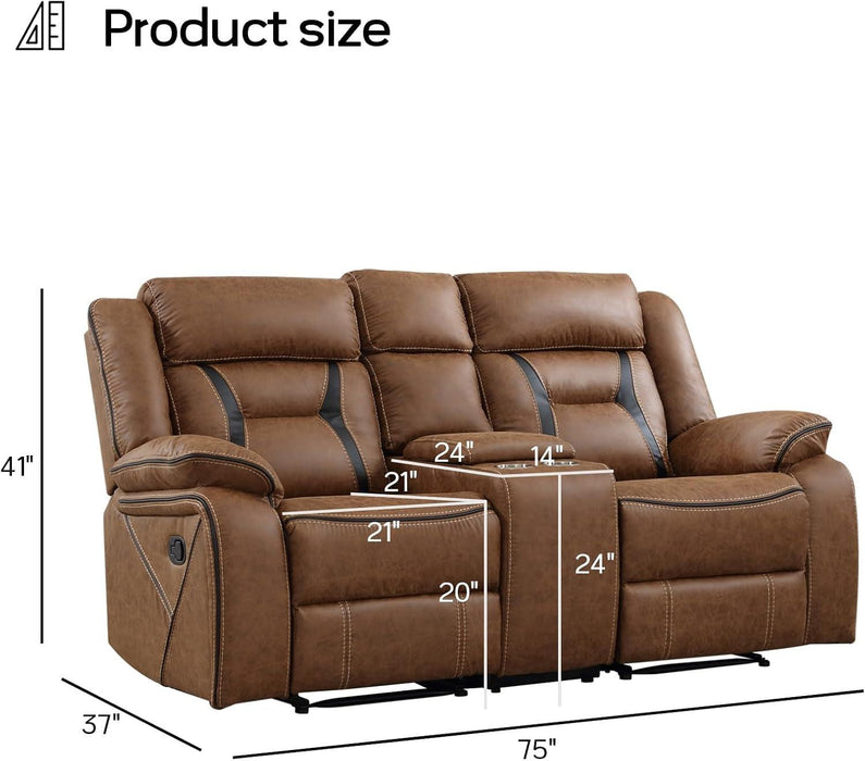 Faux Leather Manual Loveseat Recliner, 2 Seat Reclining Sofa Chair with Center Console, Hidden Storage and Cup Holders, Daul Recliner for Living Room, Meeting Room, Brown (Loveseat)