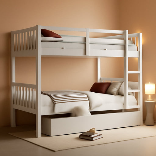 Twin over Twin Wood Bunk Bed with 2 Drawers for Girls,Boys,Convertible into 2 Beds,Wood Bunk Bed with Ladder and Safety Guardrails,No Box Spring Needed, White