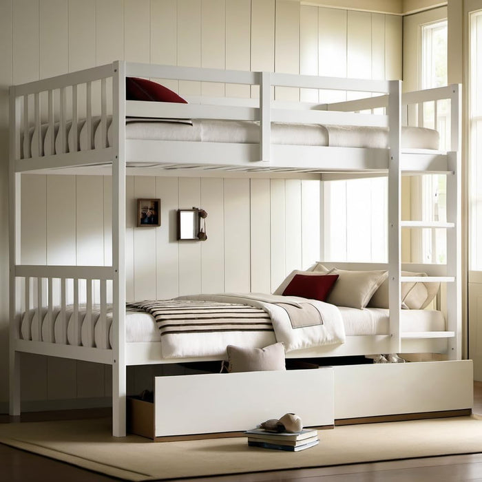 Twin over Twin Wood Bunk Bed with 2 Drawers for Girls,Boys,Convertible into 2 Beds,Wood Bunk Bed with Ladder and Safety Guardrails,No Box Spring Needed, White
