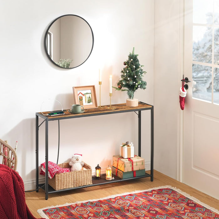 Sofa Table with Power Outlet, 43.7" Console Table with USB Ports, behind Couch Table, Entryway Table for Living Room, Hallway, Foyer, Metal Frame, Adjustable Feet, Rustic Brown CTHR11E01Z1N1