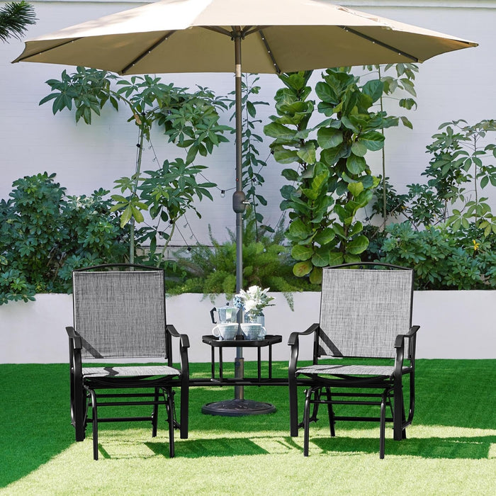 Outdoor Glider Chairs with Glass Table Rocking Chairs, Outdoor Loveseat Patio 2-Seat with Breathable Sling Fabric for Lawn, Garden and Porch, Gray