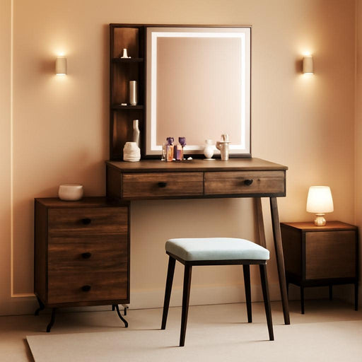 Makeup Vanity Table with Large Lighted Mirror, 3 Lighting Sets, Human Body Induction, Side Cabinet, 2 Drawers, Storage Shelves, Cosmetic Tray, Dressing Vanity Desk with Stool