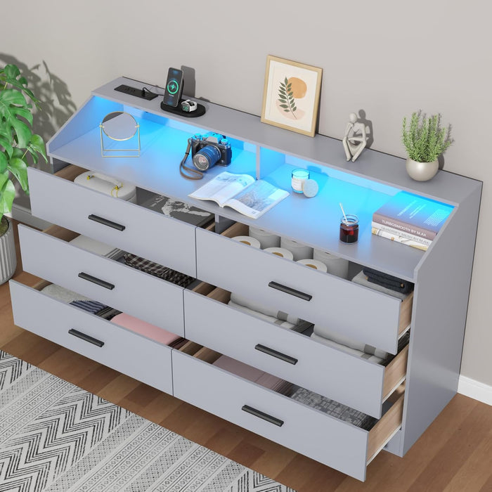 6 Drawer Dresser with Power Outlet, Chest of Drawer with LED Light, Modern Dresser with Open Storage Cubby, Double Wide Dressers Organizer for Bedroom, Living Room, Entryway, Hallway (Grey, 6 Drawers)