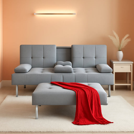 Linen Modern Folding Futon, Reclining Sofa Bed for Apartment, Dorm W/Removable Armrests, 2 Cupholders - Gray