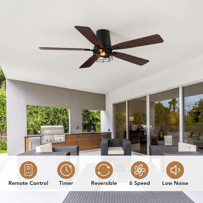 52 Inch Ceiling Fans with Lights, Farmhouse Ceiling Fan with Lights and Remote, Noiseless DC Motor, Black Flush Mount Ceiling Fan for Bedroom Living Room Indoor Outdoor