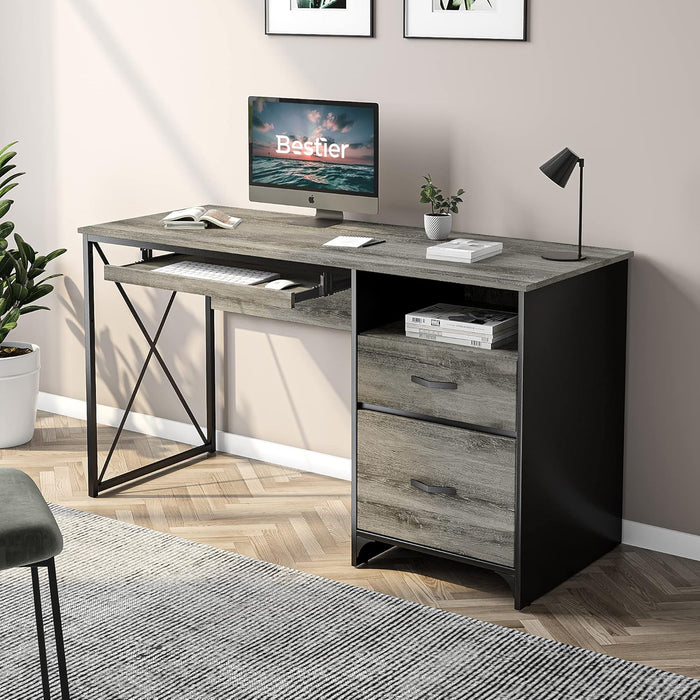 Office Desk with Drawers, 55 Inch Industrial Computer Desk with Storage, Wood Teacher Desk with Keyboard Tray & File Drawer for Home Office, Dark Gray Oak