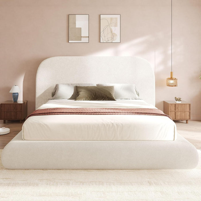 King Size Bed Frame, Velvet Upholstered Platform Bed Frame with Headboard, Soft Cloud Bed with Footboard, Rounded Corners, 10 Seconds Easy Assembly, Beige (Not Include Box Spring)