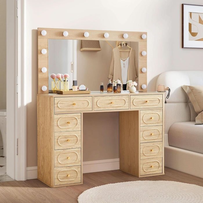 Fluted Vanity Desk with Mirror and Lights, Power Outlets, Modern Wood Vanity Desk Makeup Table with 11 Drawers, 3 Color Modes Dressing Table with Storage for Bedroom, Living Room, Natural