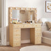 Fluted Vanity Desk with Mirror and Lights, Power Outlets, Modern Wood Vanity Desk Makeup Table with 11 Drawers, 3 Color Modes Dressing Table with Storage for Bedroom, Living Room, Natural