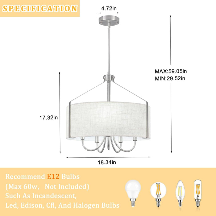 5-Light Drum Chandelier for Dining Room 18" Farmhouse Pendant Light with Linen Lampshade – Brushed Nickel Chandelier for Kitchen Island, Living Room, Bedroom, Entryway & Foyer