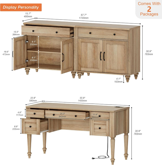 56 Inch Oak Executive Desk With IntegratedChargingSystem