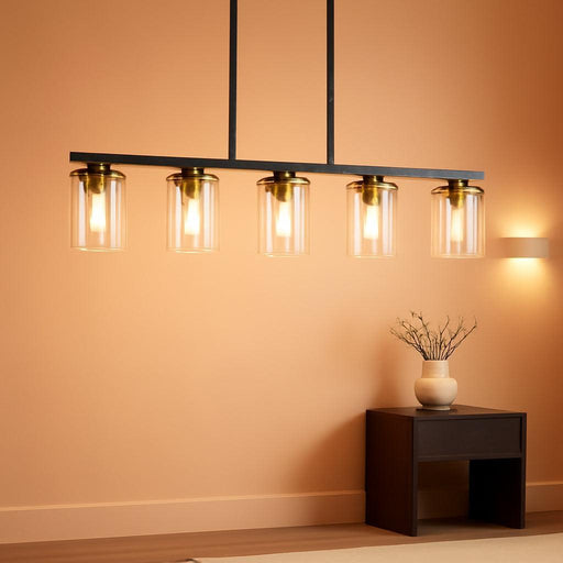 36.2Inch 5-Light Kitchen Island Lighting,Dining Room Lights Modern Farmhouse Chandelier with Clear Glass Shade,Modern Rustic Black and Gold Metal Chandelier, Kitchen Pendant Light Fixtures