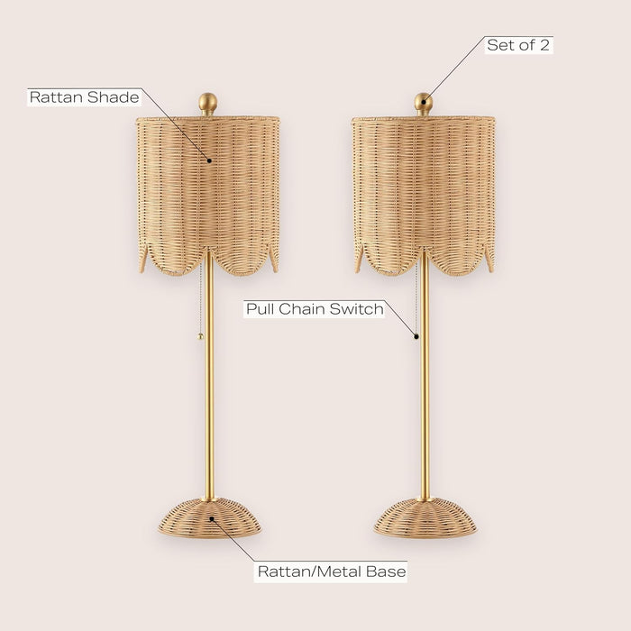 27.5" Brass Gold Coastal Buffet Table Lamp Set of 2 for Bedroom, Boho Table Lamps with Natural Rattan Scalloped Shade, Pull Chain, LED Bulbs Included JYL1138A-SET2