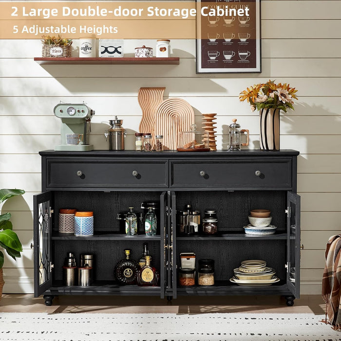 Farmhouse Sideboard Buffet Cabinet with Storage,59" Large Credenza with 4 Glass Doors & 2 Drawers,Adjustable Shelves Console Table,Wood Kitchen Coffee Bar for Dining Room,Living Room,Black