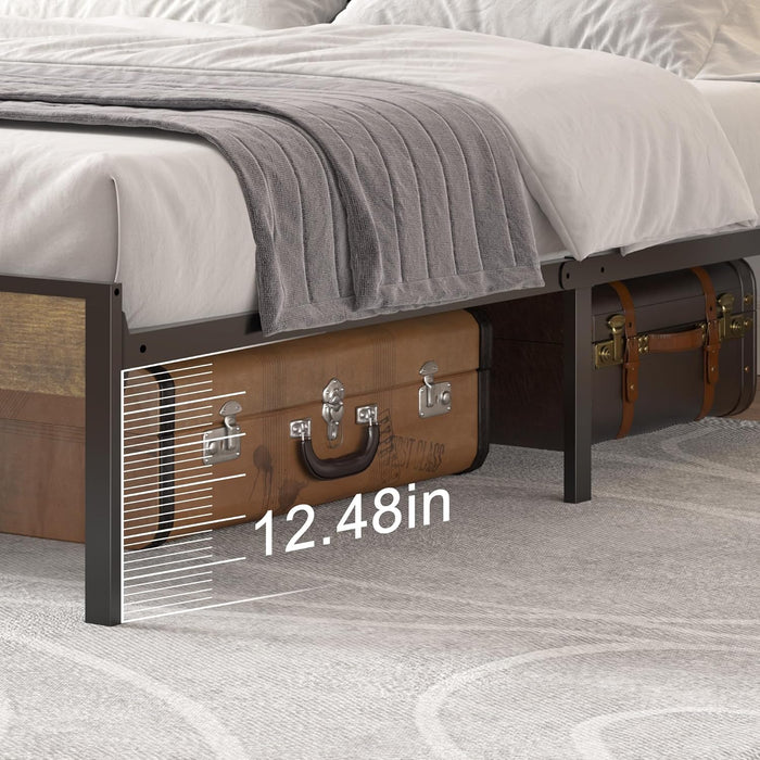 Upholstered Storage Headboard Queen Size Bed Frame - Farmhouse Metal Platform with Bookcase & Nightstand, Rustic Brown, Easy Assembly (No Box Spring Needed)