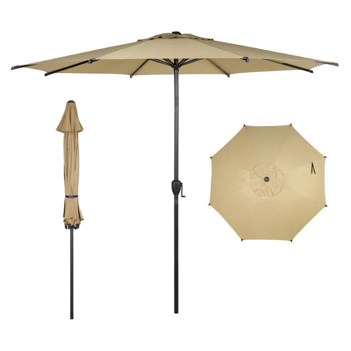 9Ft Outdoor Patio Umbrella W/ Push Button Tilt and Crank, 8 Ribs, Brown