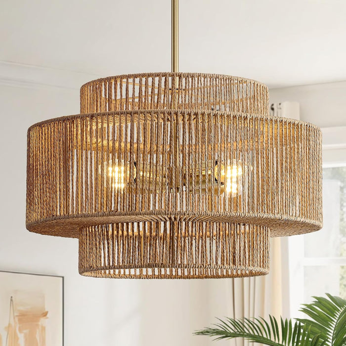 17.7" Rattan Chandelier for Dining Room, Large Boho Pendant Light