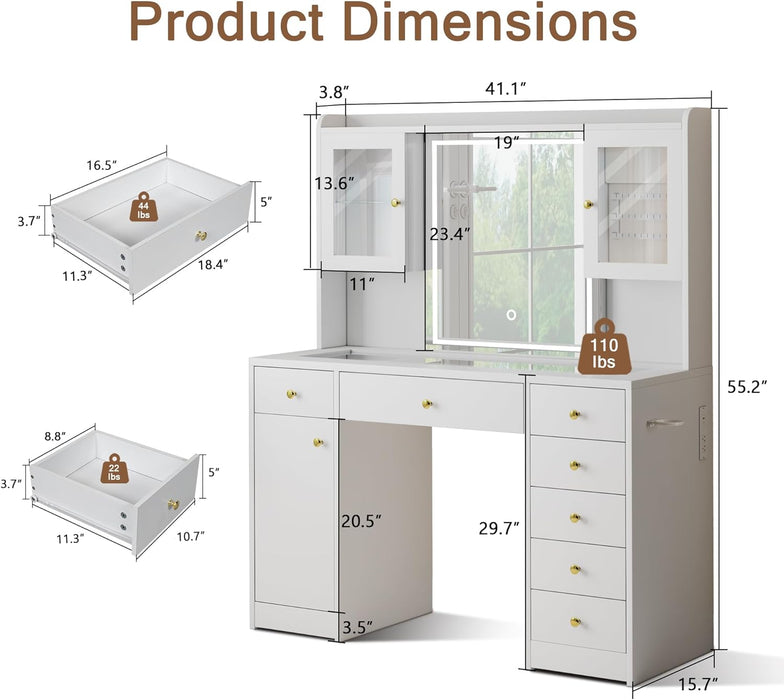 Makeup Vanity Desk with Mirror & LED Lights, Large Glass Top Vanity Table with 7 Drawers & 3 Cabinets, Modern Dressing Table with Charging Station & RGB Lights for Bedroom, White
