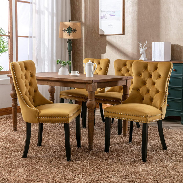 Tufted Dining Room Chairs Set of 2, Velvet Kitchen Nailhead Trim Chairs with Solid Wood Legs and Padded Seat, Gold