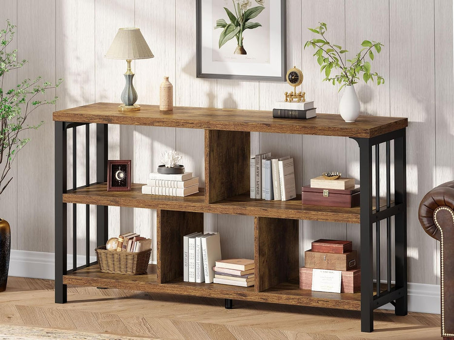 Low Book Shelf, Industrial Horizontal Bookcase, Rustic Brown, 47 Inch | Farmhouse 3 Tier Open Bookshelf, Long Wide 5 Cube Storage Organizer, Wood Metal Cubby Bookcase for Bedroom Living Office