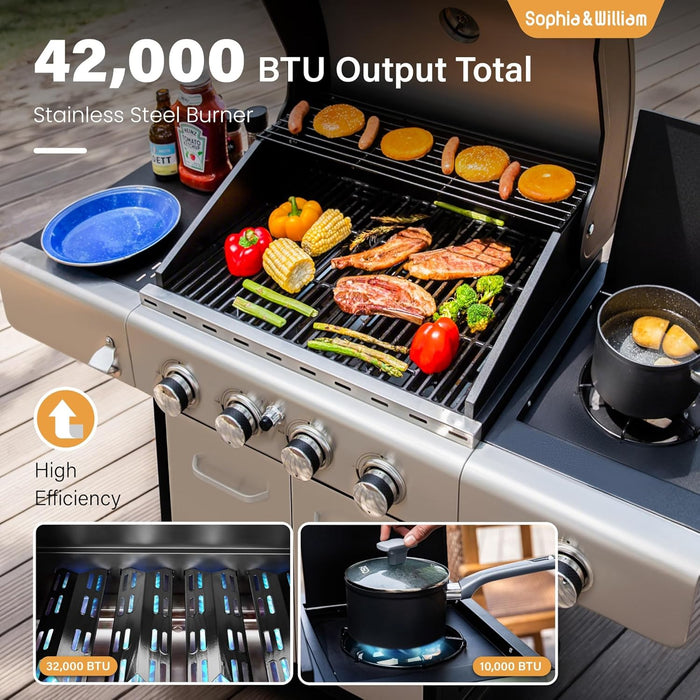 4-Burner Propane Gas BBQ Grill with Side Burner and Porcelain-Enameled Cast Iron Grates, Stainless Steel Barbecue Grills Outdoor Cooking, Silver Cabinet Style, 42,000BTU