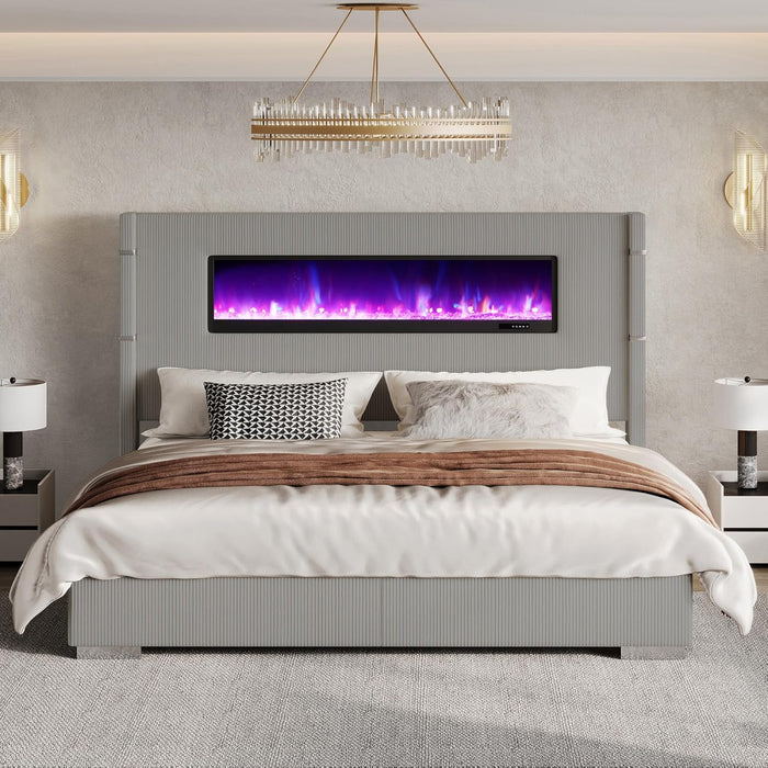 Modern California King Size Bed Frame with Fireplace, Corduroy Upholstered Bed Frame with 60.4“ Extra Tall Headboard, Wingback Platform Bed Frame Wooden Slats/No Box Spring Needed, Greige