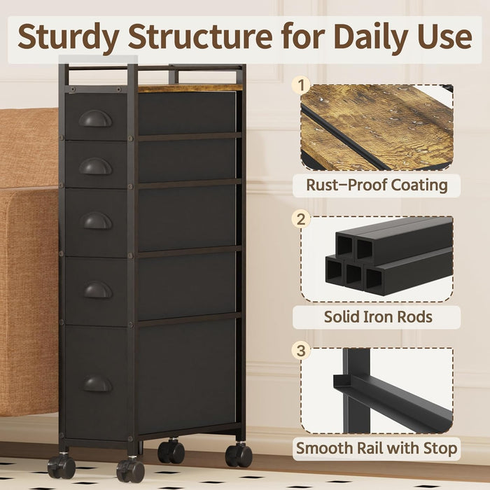 Black SlimStorage Narrow Five Drawer Dresser Wheeled