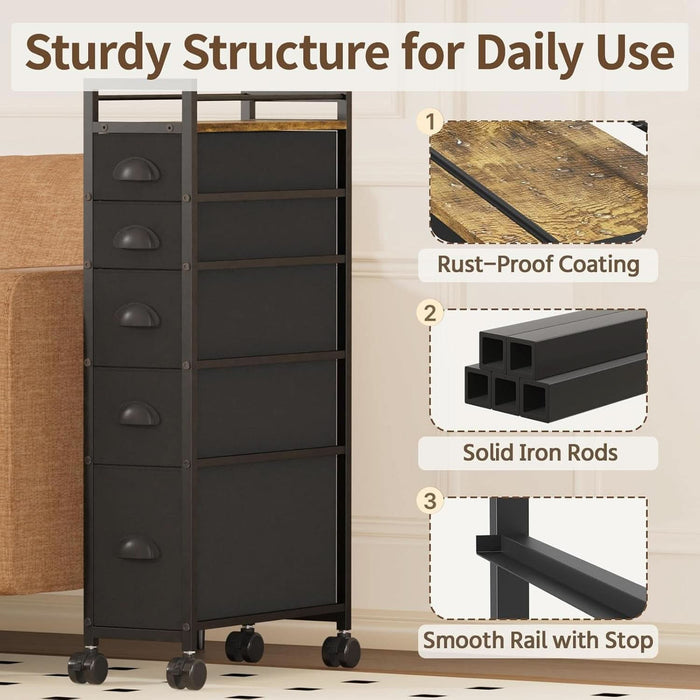 Black SlimStorage Narrow Five Drawer Dresser On Wheels Black SlimStorage Narrow Five Drawer Dresser On Wheels