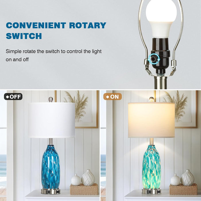 26" Peacock Green Glass Table Lamps Set of 2,Coastal Nautical Bedside Lamps with USB Ports & AC Outlet,Lamparas Elegantes Para Cuarto with Night Light for Bedroom Living Room Decoration